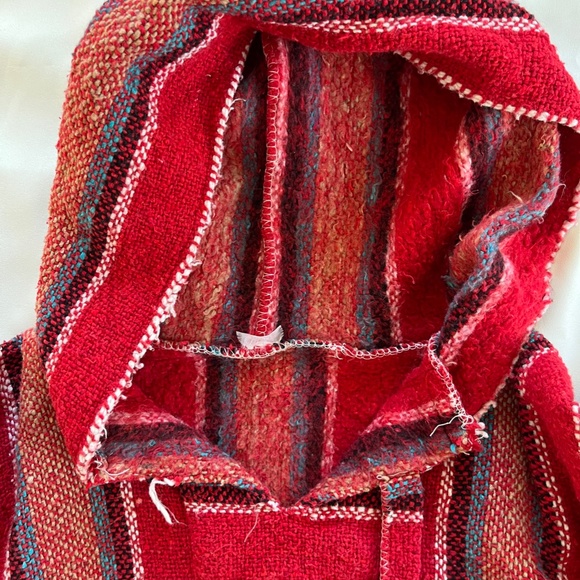 Vintage Mexican Baja Blanket Drug Rug Hoodie Red Blue Surfer Skater Poncho S M - Picture 2 of 11